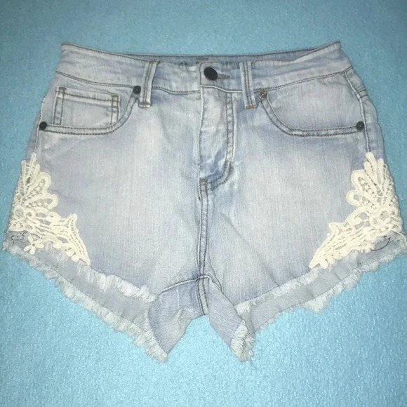 MOSSIMO High rise denim short shorts lace details blue Y2K daisy dukes size 2 - Picture 1 of 4